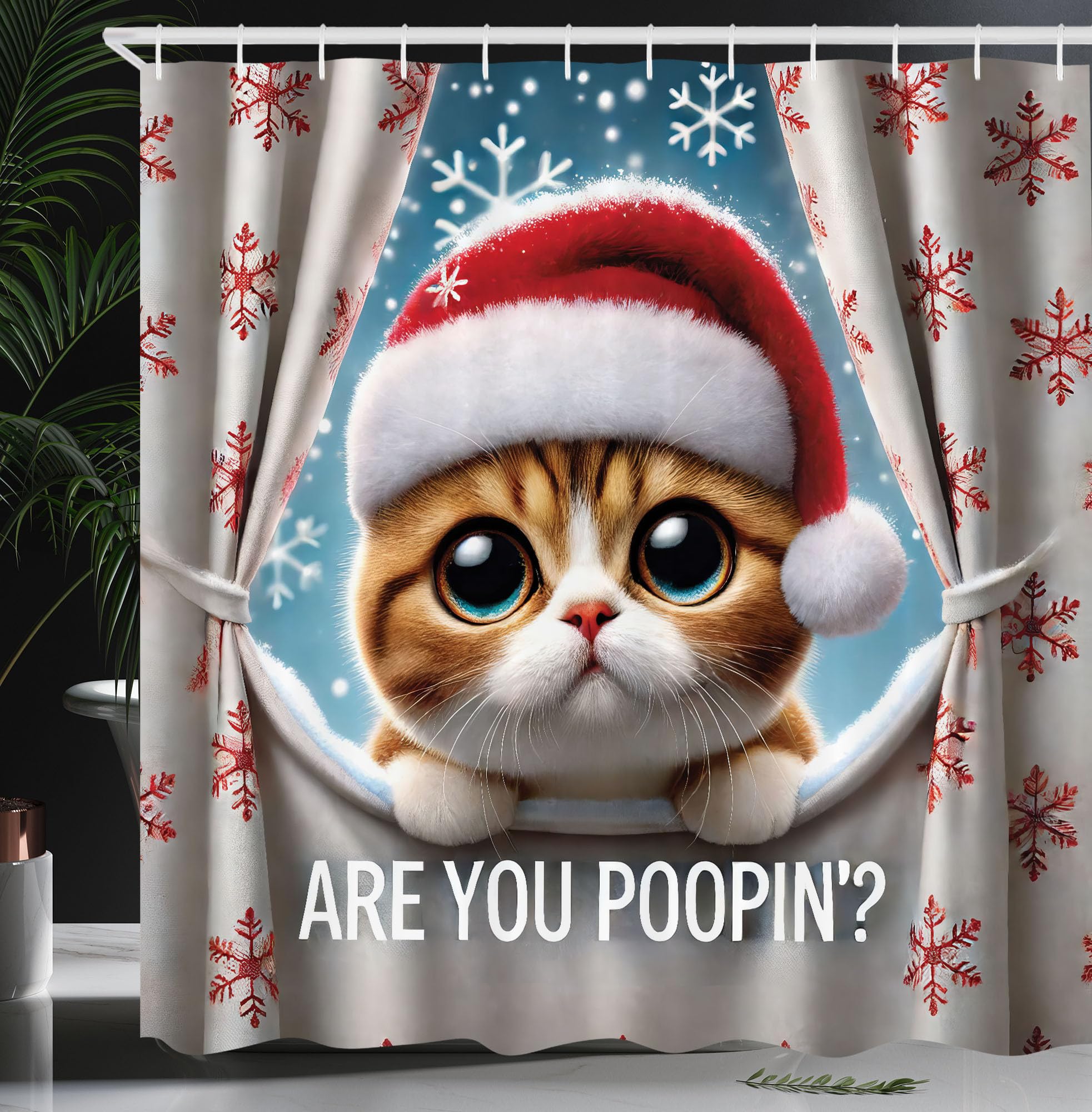 Ambesonne Christmas Shower Curtain, Curious Kitten With Xmas Hat Asks Are You Poopin With Falling Snowflakes, Cloth Fabric Bathr